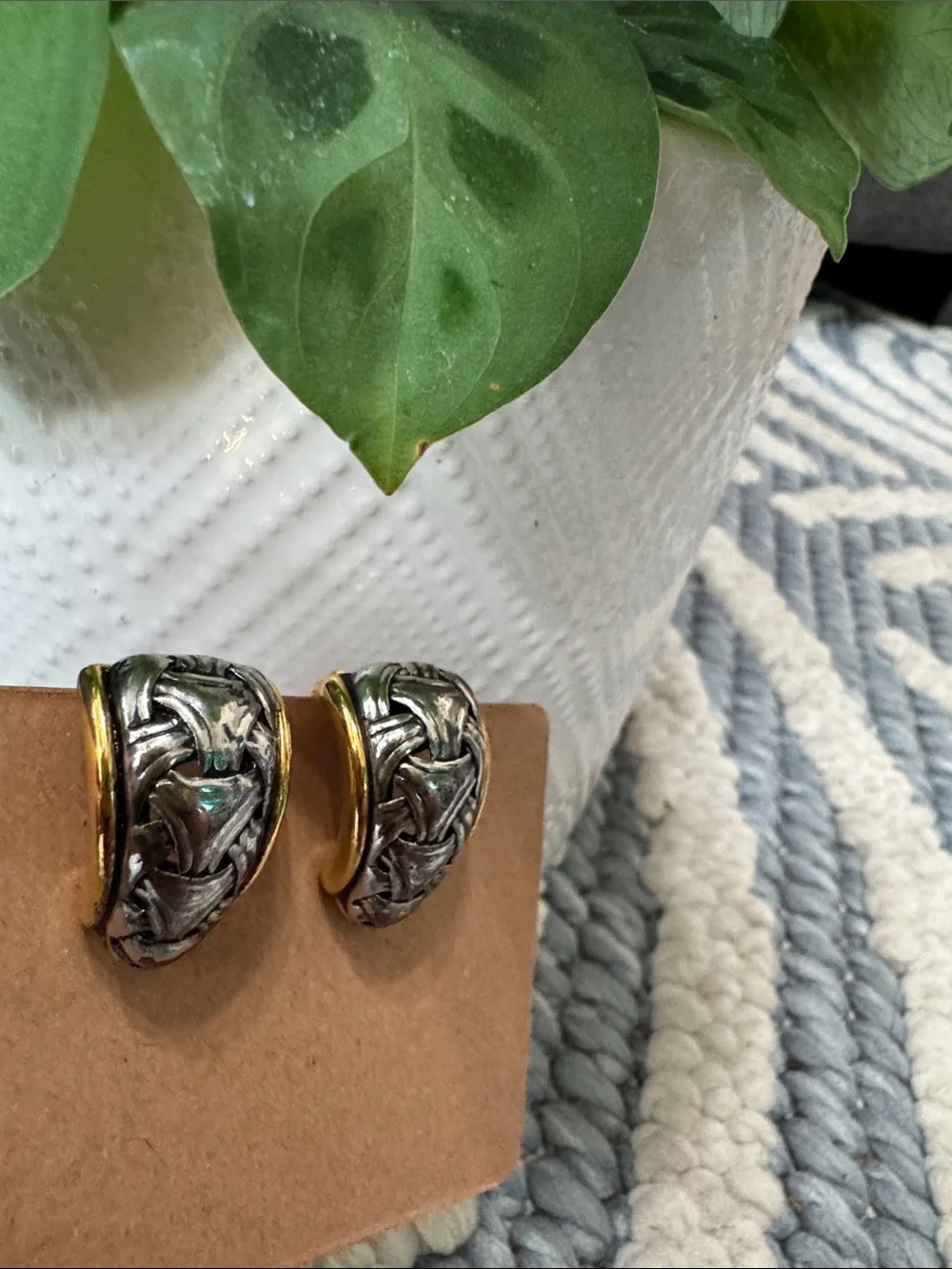 Vintage Two Tone Clip On Earrings Gold Gunmetal Statement Textured 80s